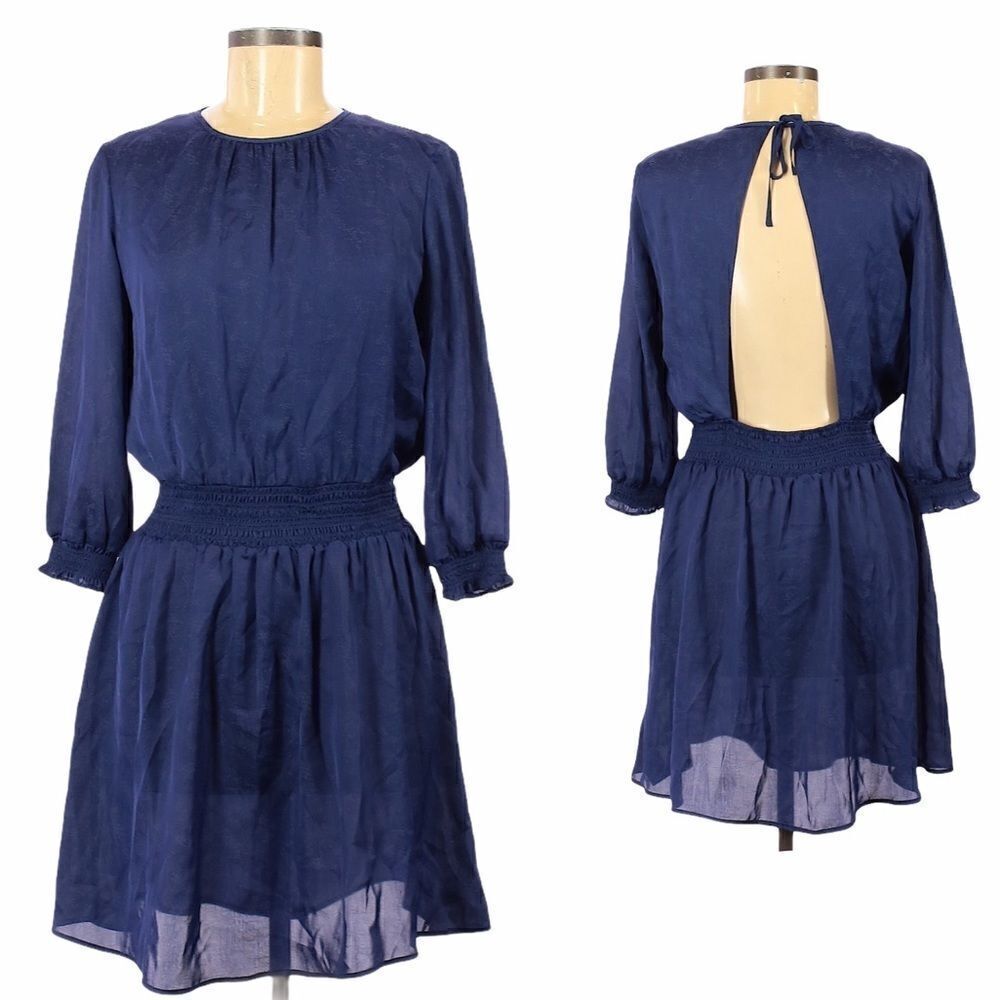 Sessun Madewell Navy Jacquard Blouson Dress S Open Back Cocktail Ruffle Sleeve
